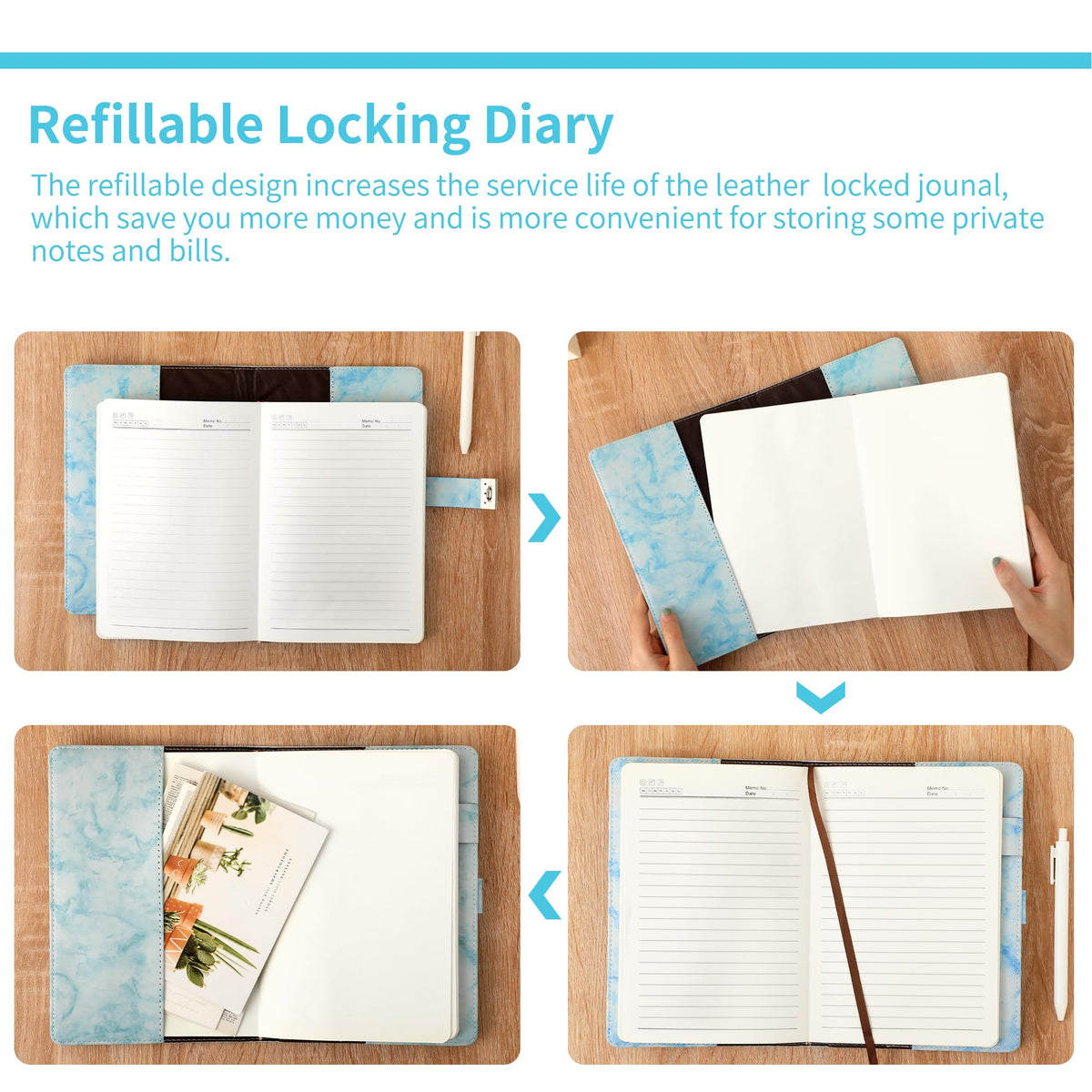 CAGIE Marble Lock Diary blue leather pen holder keeps writing utensil secure