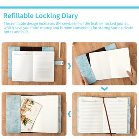 CAGIE Marble Lock Diary blue leather pen holder keeps writing utensil secure
