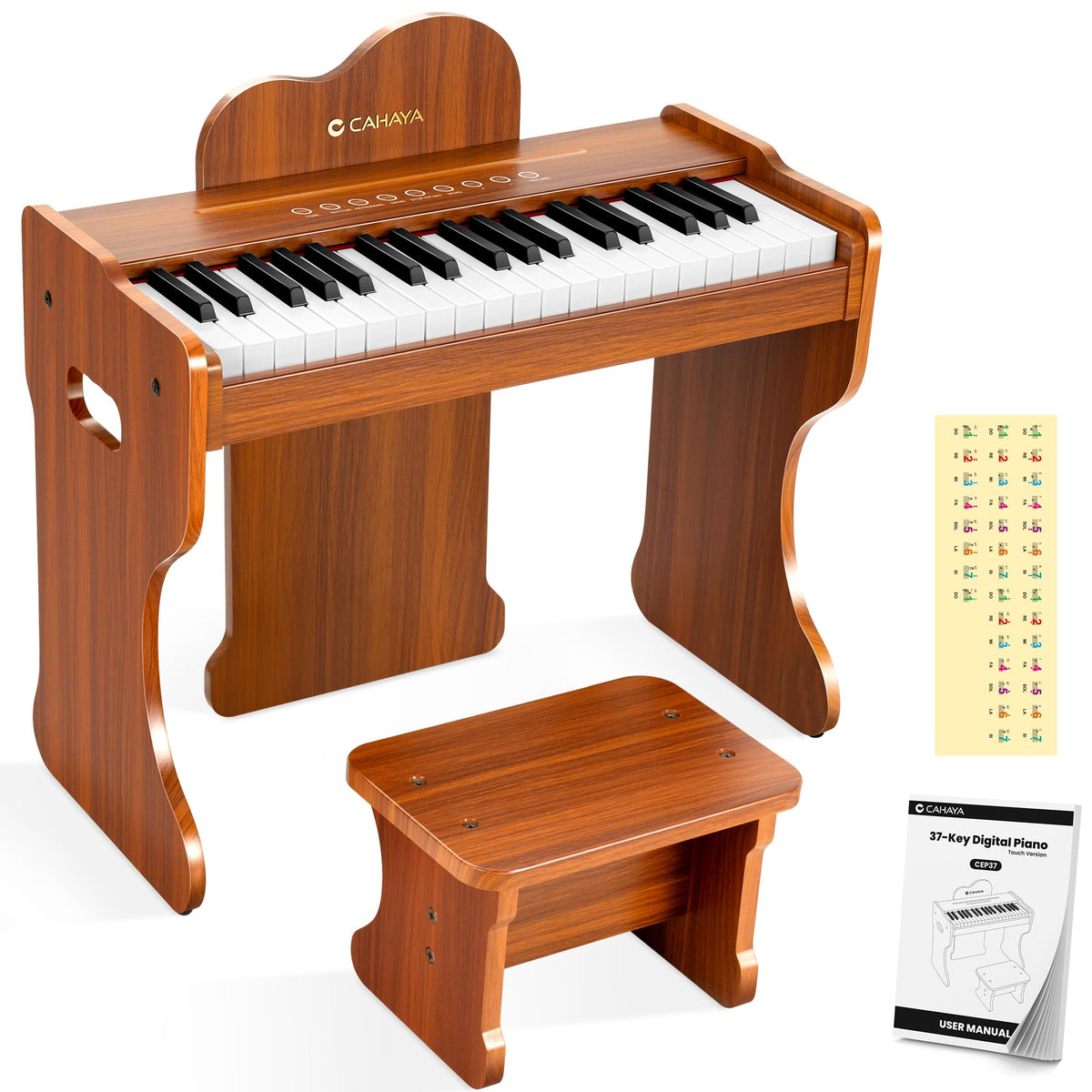 CAHAYA Kids Piano front view highlights wooden build for imaginative play and durability