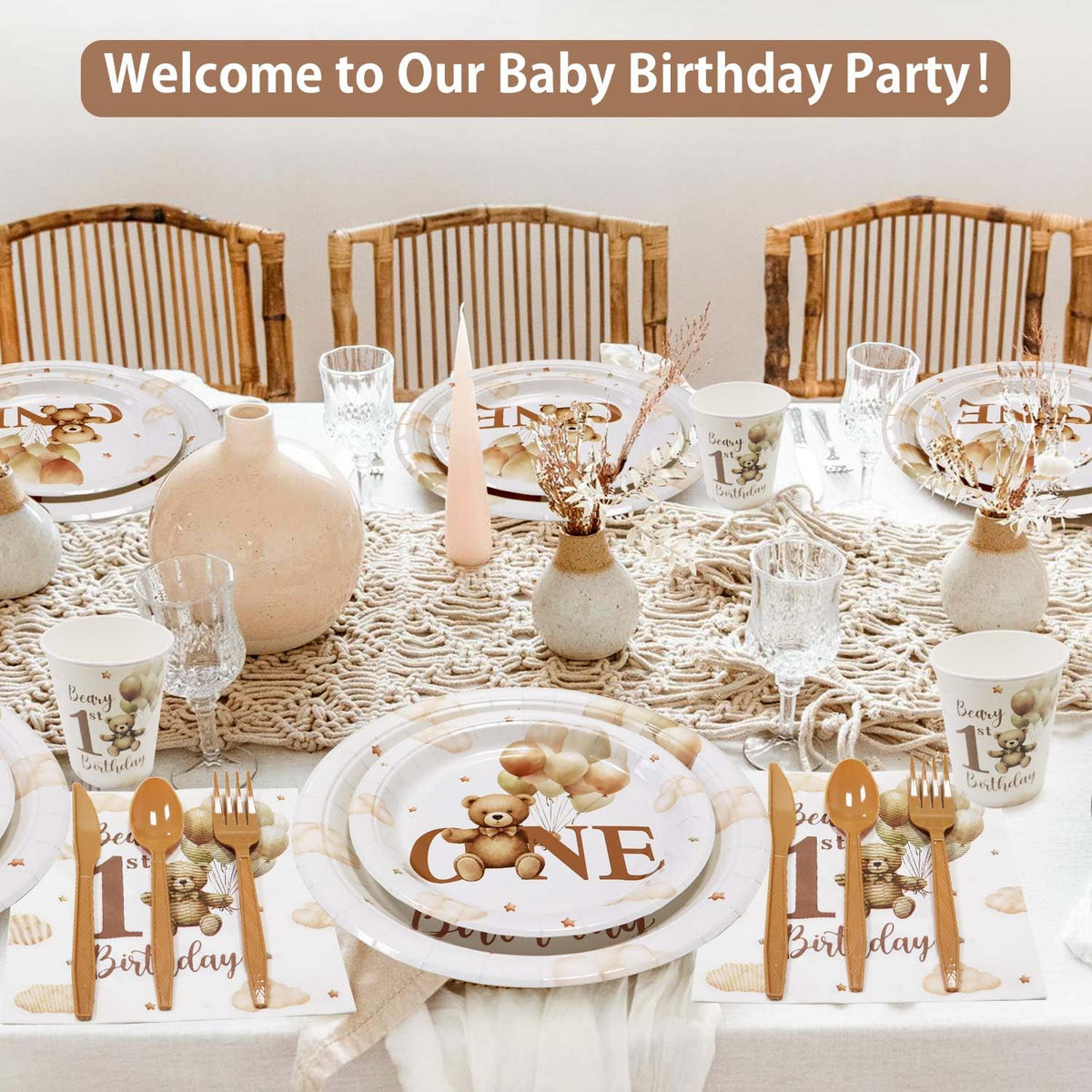 Caisehabu Beary First Birthday napkins add soft texture and charm
