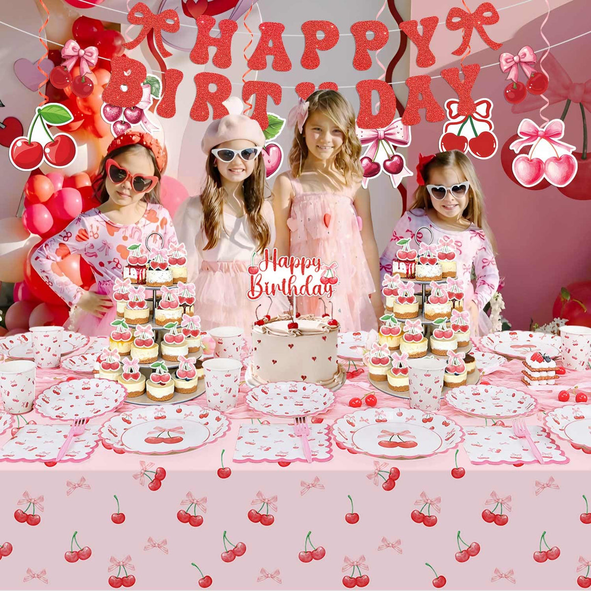 Caisehabu cherry birthday napkins paired with cups for cohesive party tableware.
