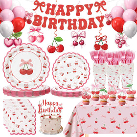 Caisehabu cherry birthday plates with bold red cherries for a festive, durable table setting.