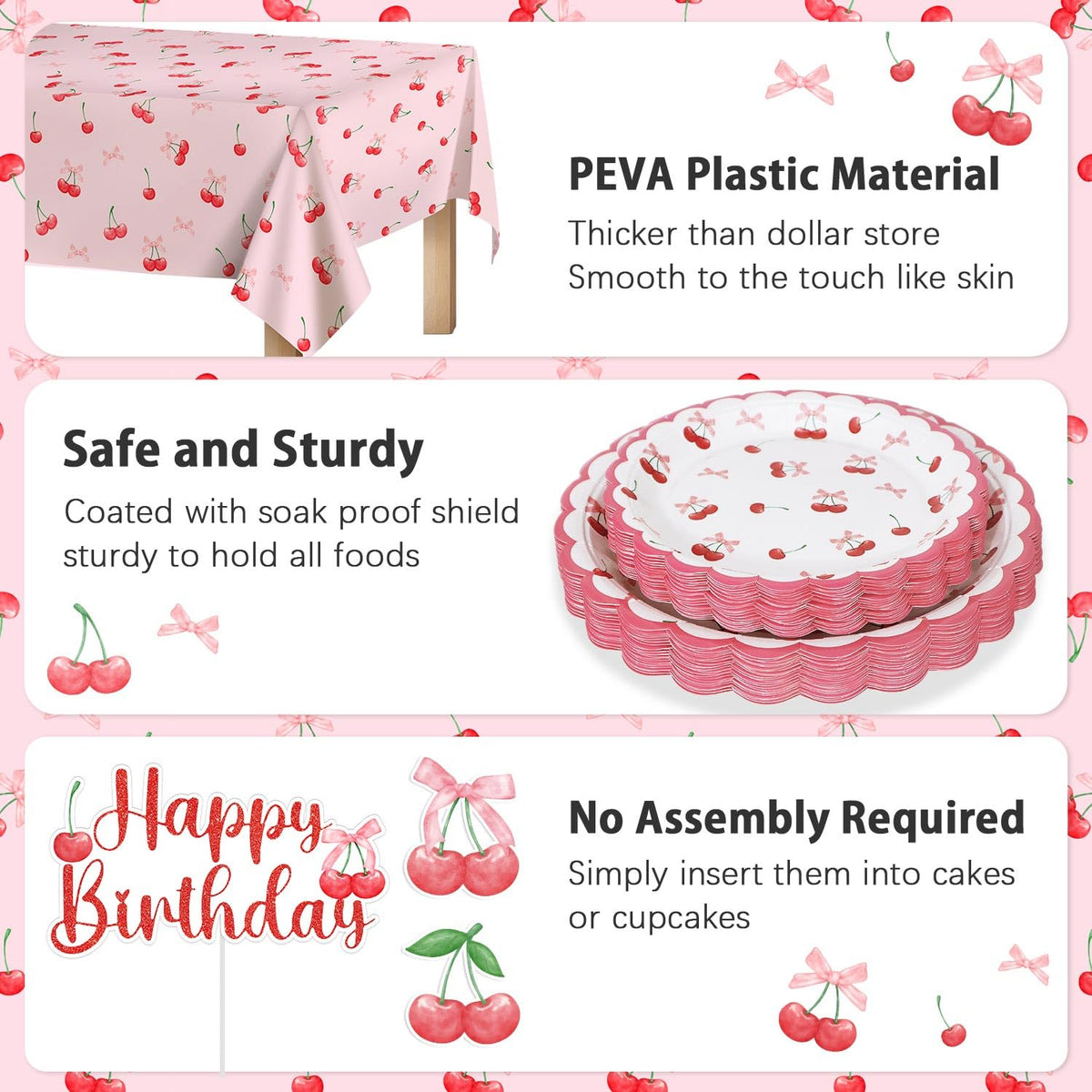 Caisehabu cake and cupcake toppers highlight treats with cherry accents.