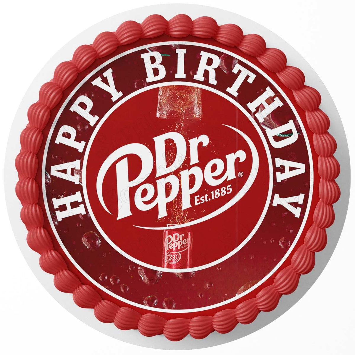 Cakecery Dr Pepper edible topper for round cakes adds vibrant decoration and easy customization.