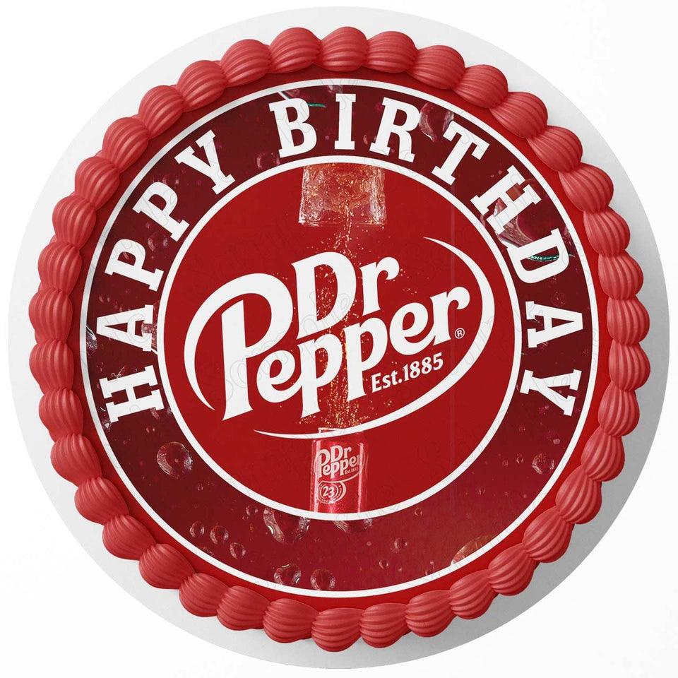 Cakecery Dr Pepper edible topper for round cakes adds vibrant decoration and easy customization.