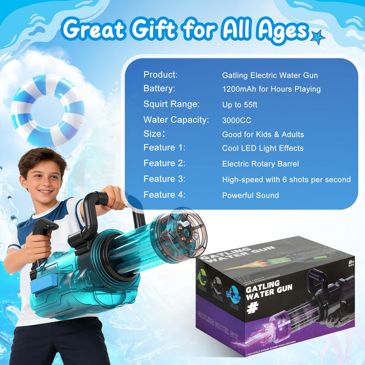 Cakuni Gatling LED water gun 50ft range for strategic water skirmishes.