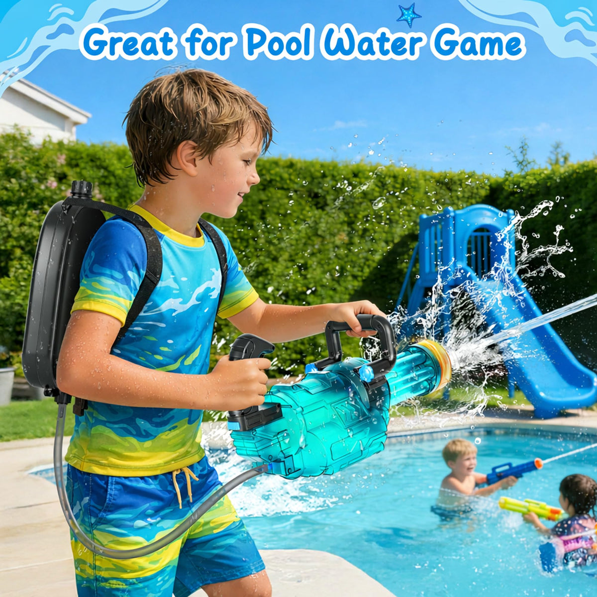 Cakuni Gatling LED water gun backpack tank display showing high capacity for long battles.
