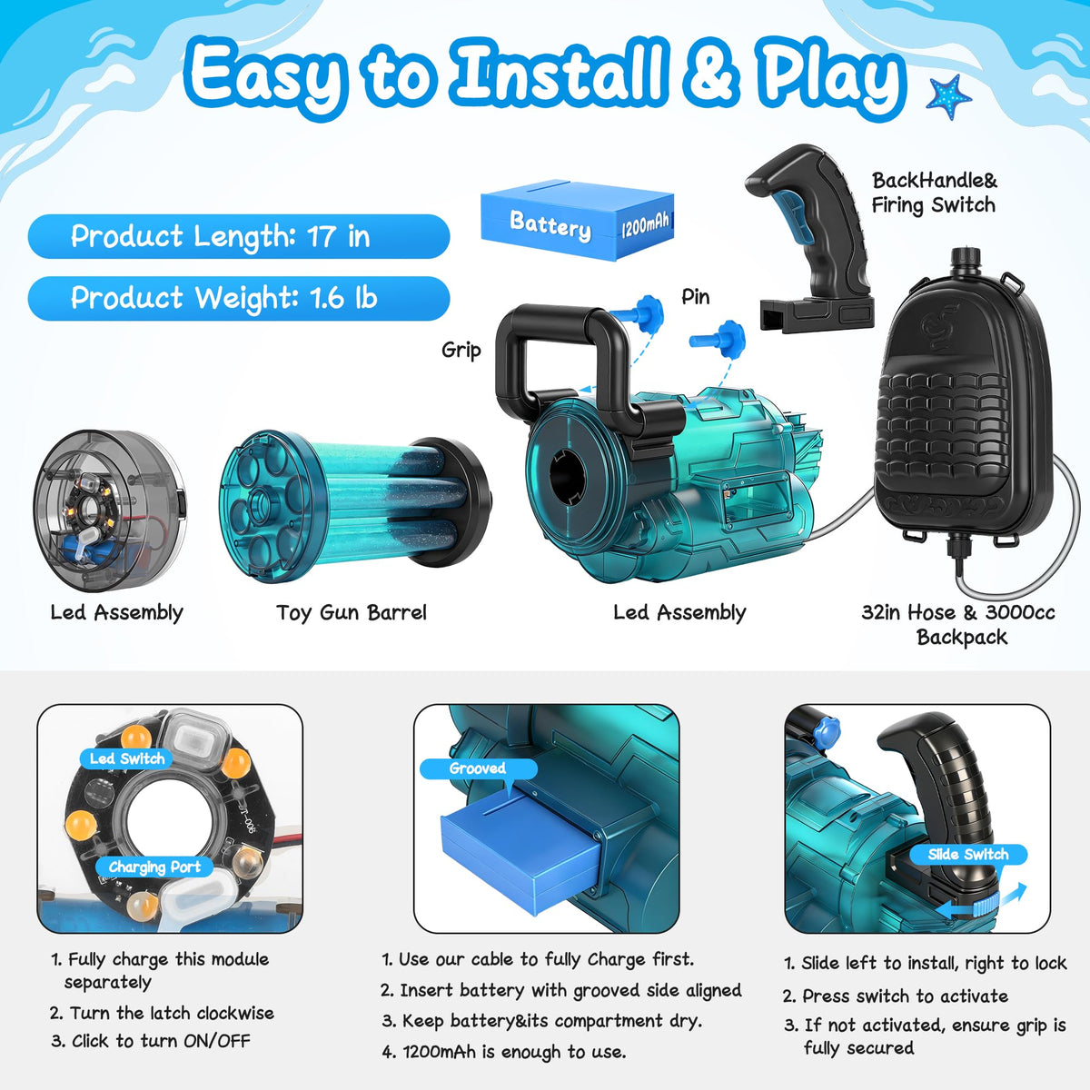 Cakuni Gatling LED water gun LED spray action highlights dramatic water bursts.