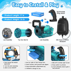 Cakuni Gatling LED water gun LED spray action highlights dramatic water bursts.