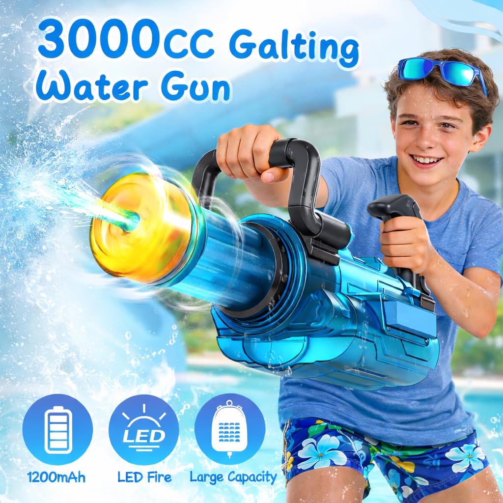 Cakuni Gatling LED water gun side view with LED glow for night play.