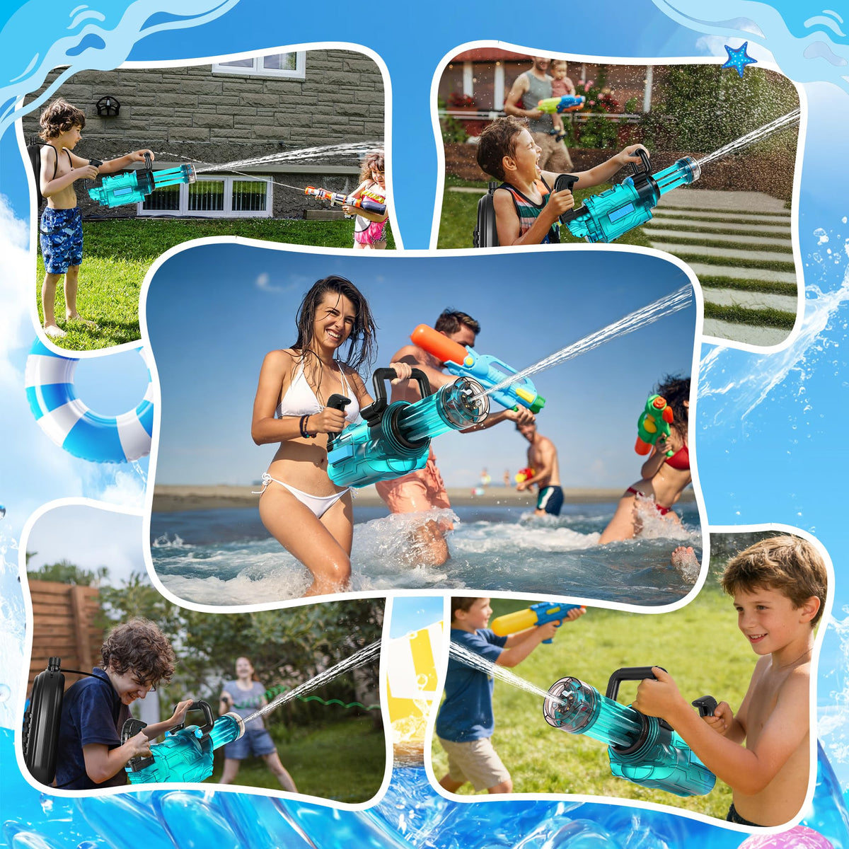 Cakuni water gun party scene at the beach or pool boosts group excitement.
