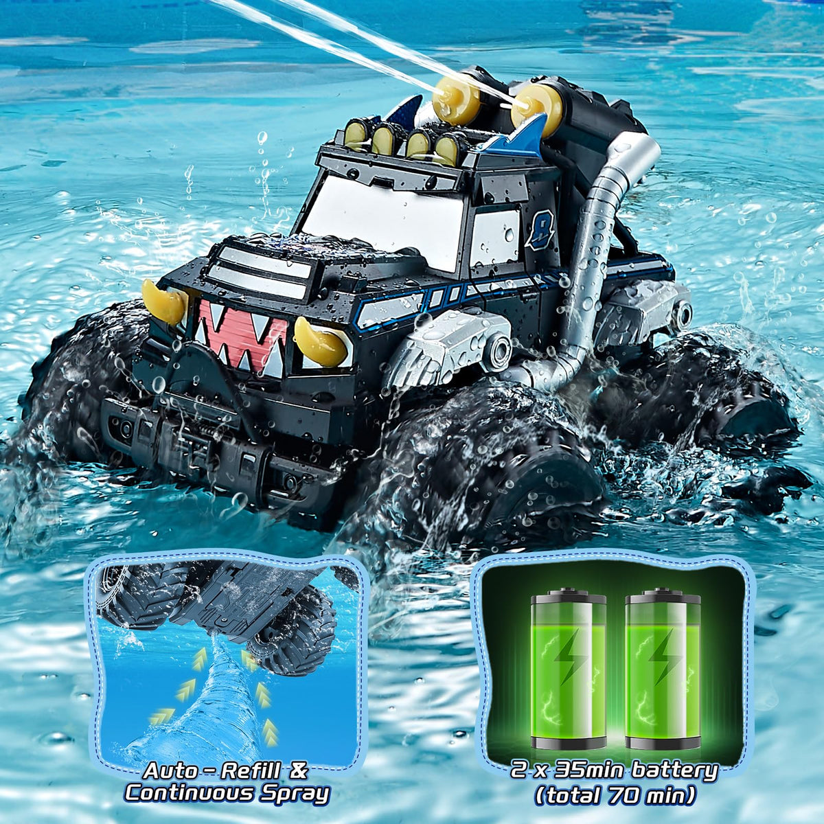 Calefwe pool play scene with the amphibious RC car