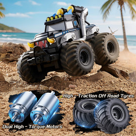 Calefwe RC car side view highlighting rugged all-terrain tires