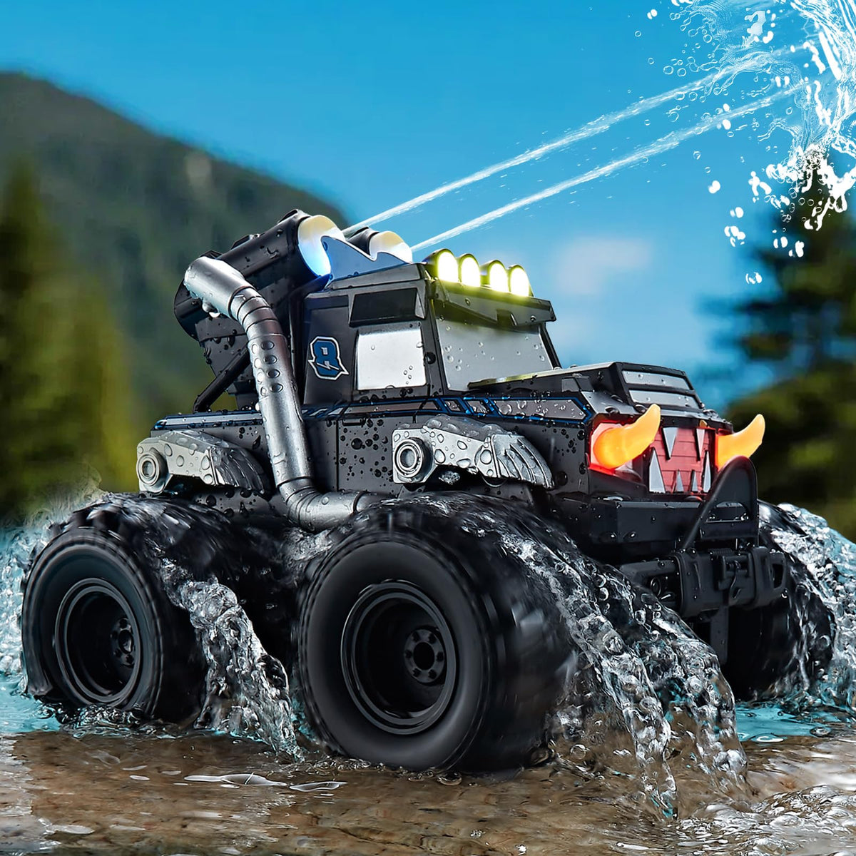 Calefwe 3-in-1 amphibious RC car top view showing land and water play ready action