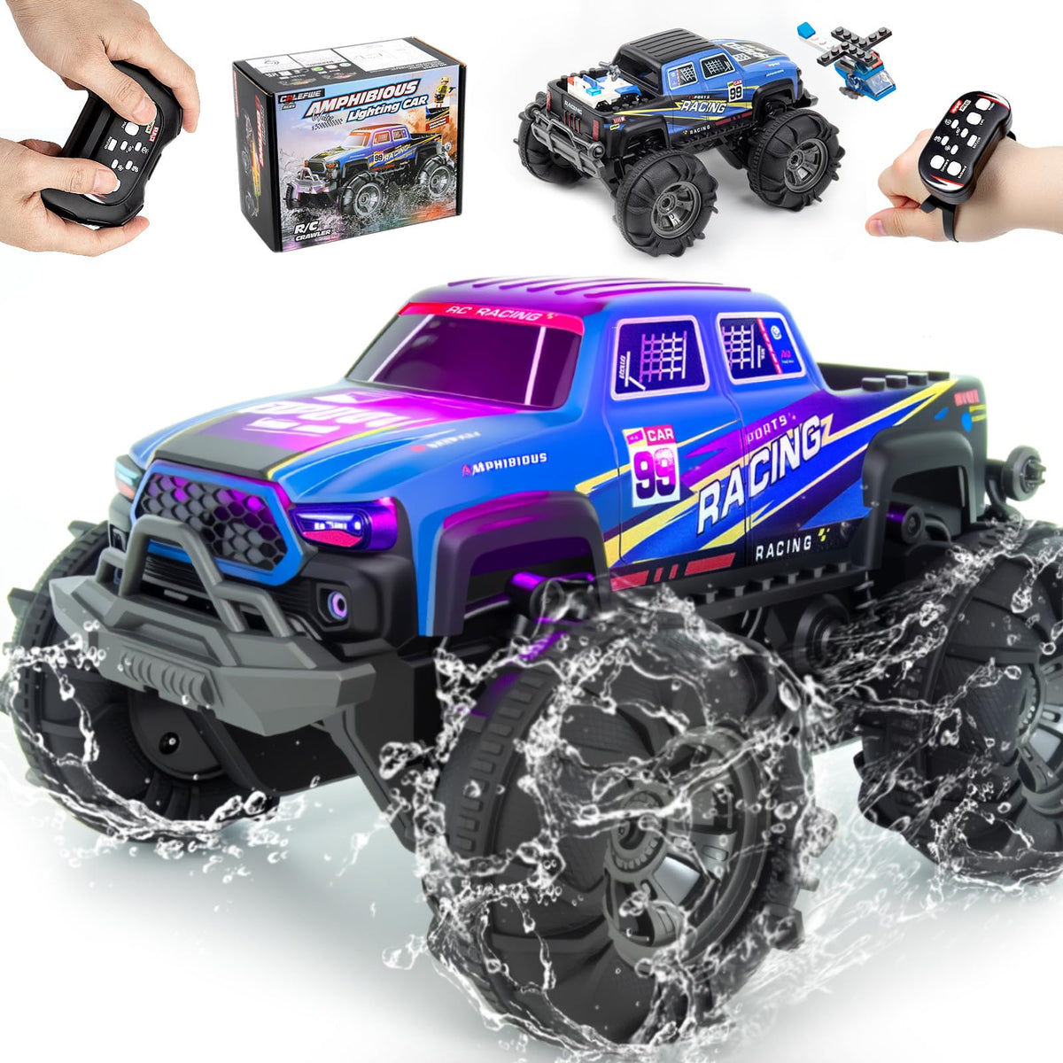 Calefwe Amphibious RC Car front view with LEDs for night action