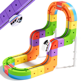 CalfQueen KlickRail starter set layout featuring colorful cubes for creative track design