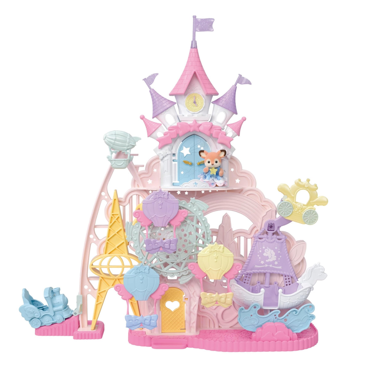 Calico Critters Baby Dream Amusement Park front view shows whimsical layout for storytelling.