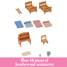 Calico Critters bedroom set bunk configuration shows upper bed beside lower bed.
