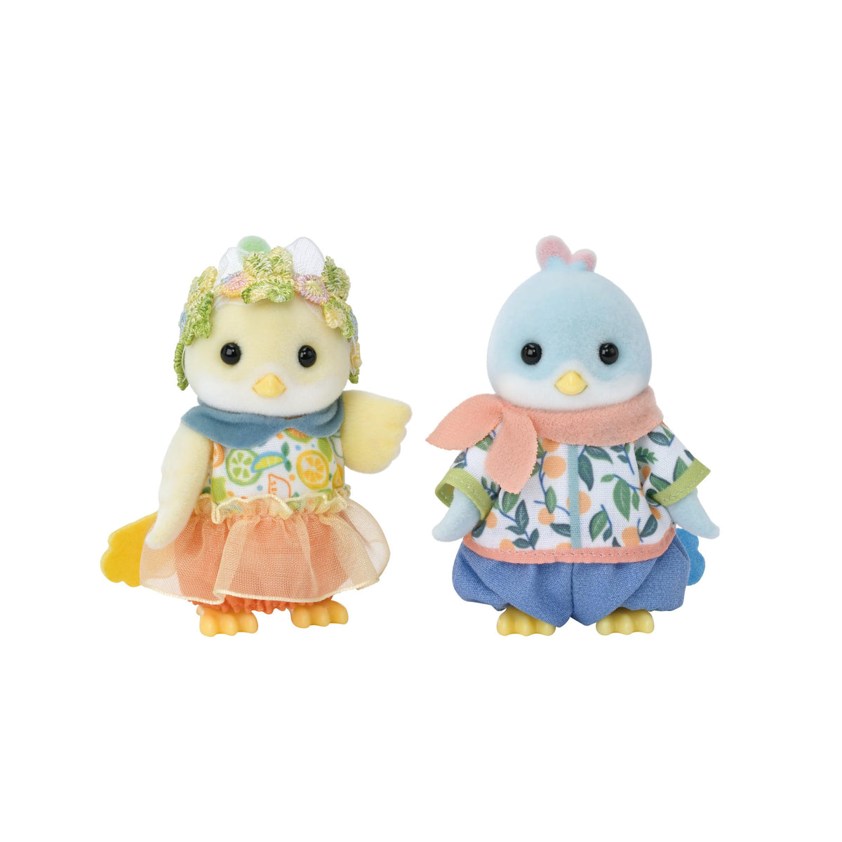 Calico Critters Citrus Bird Family front view shows vibrant colors for imaginative play