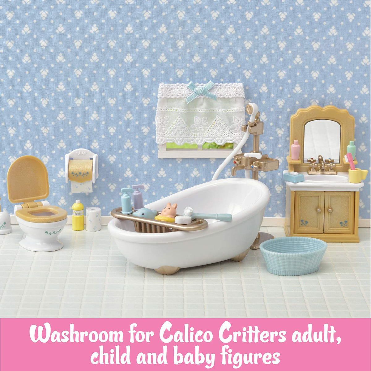 Calico Critters Country Bathroom Set shower enables splashy, imaginative scenes.