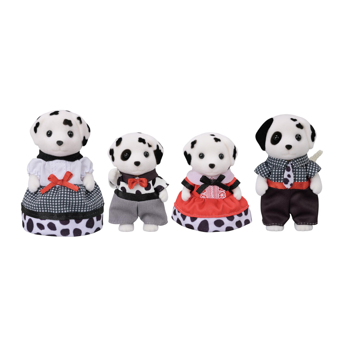 Calico Critters Dalmatian Family in the dressing room with stylish outfits for imaginative play.