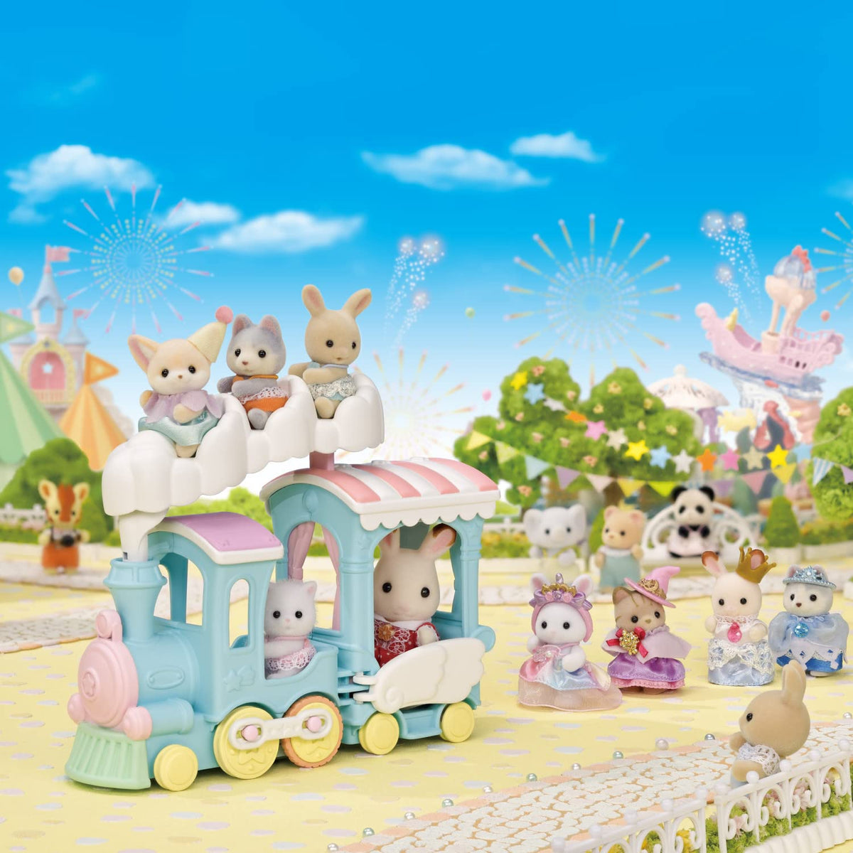 Calico Critters Floating Cloud Rainbow Train wheels rotate for gentle motion