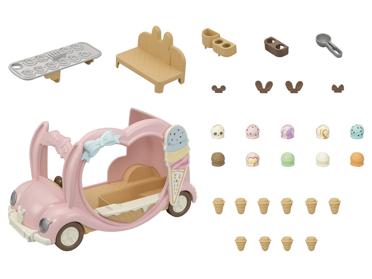 Calico Critters Ice Cream Van display case highlights scoops for pretend serving.