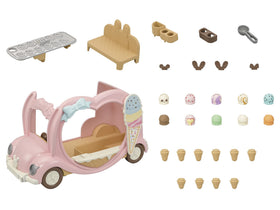Calico Critters Ice Cream Van display case highlights scoops for pretend serving.
