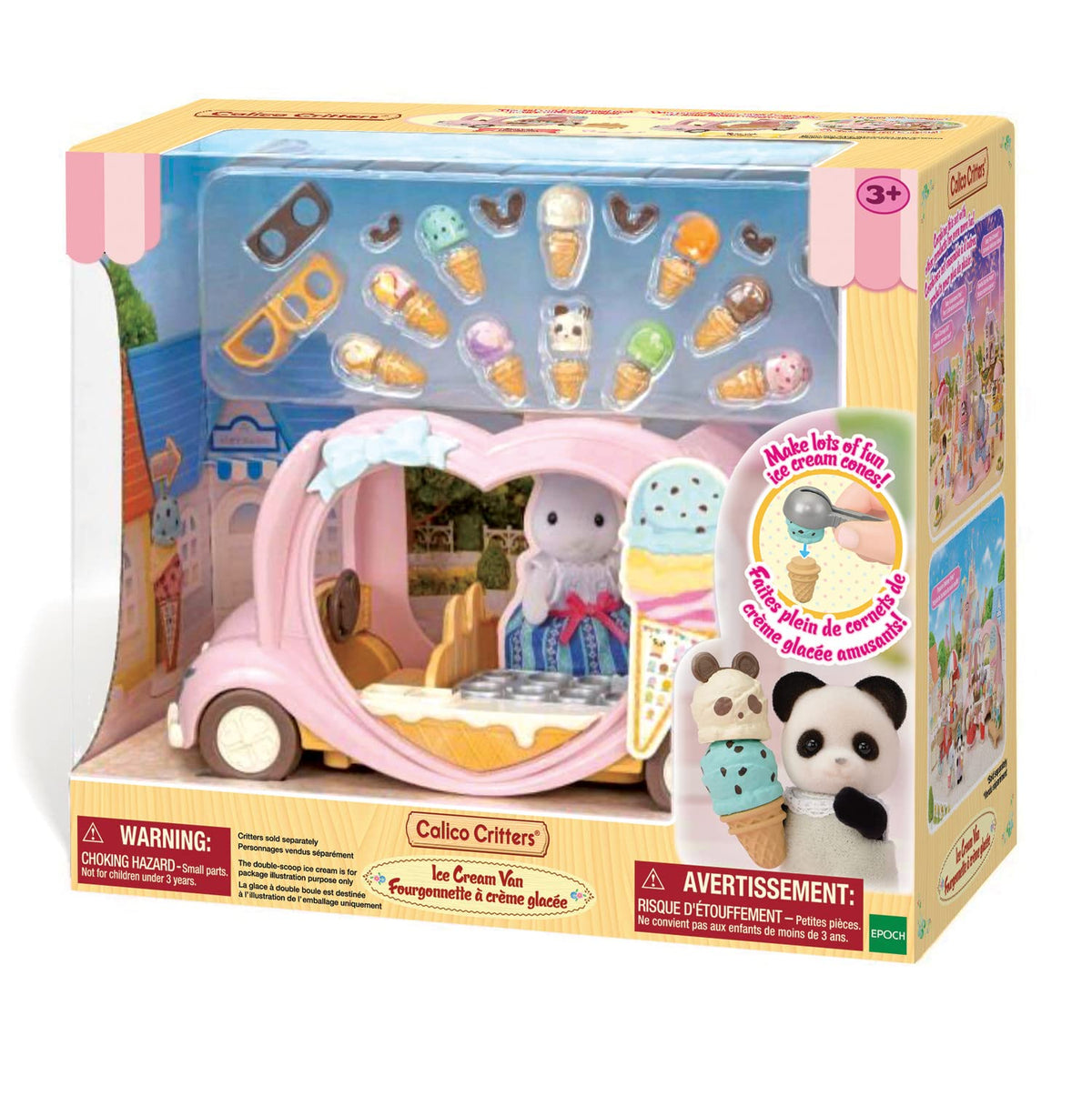 Calico Critters Ice Cream Van interior seats accommodate four figures for drive-style fun.