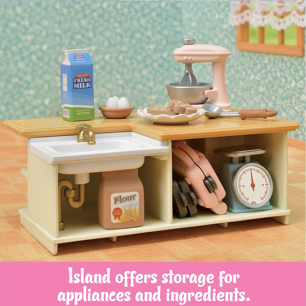 Calico Critters Kitchen Island waffle and doughnut plates inspire baking play.