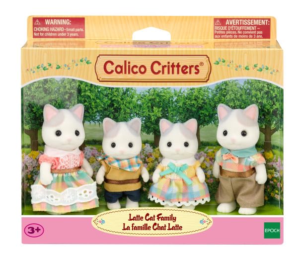Calico Critters Latte Cat family accessories with drinks and waffles for pretend meals.