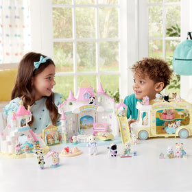 Calico Critters Nursery Friends Rainy Day Duo raincoats showcase cute cloud pattern.