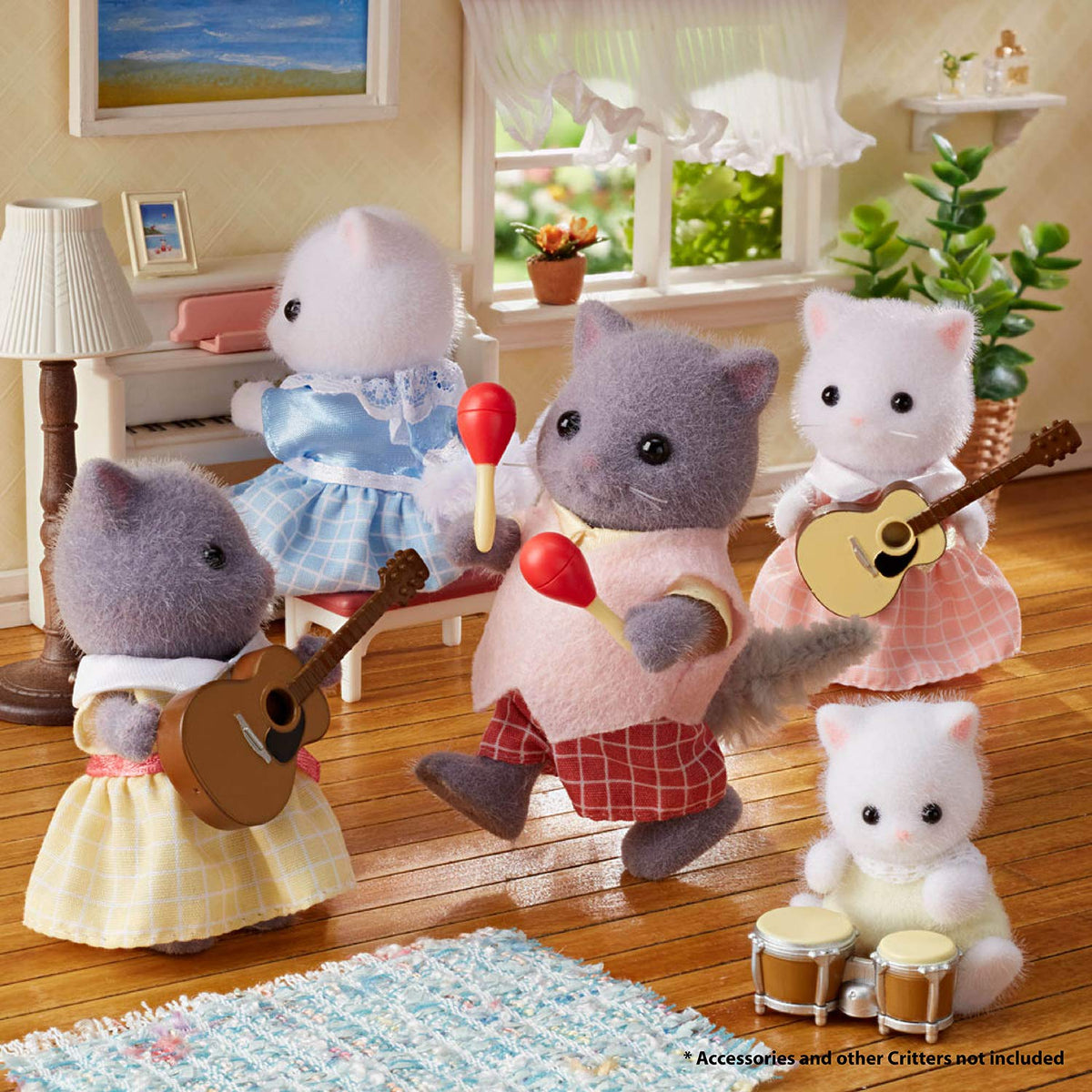 Calico Critters Persian Cat Family clothing options highlighting removable outfits for dress-up.