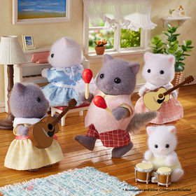 Calico Critters Persian Cat Family clothing options highlighting removable outfits for dress-up.