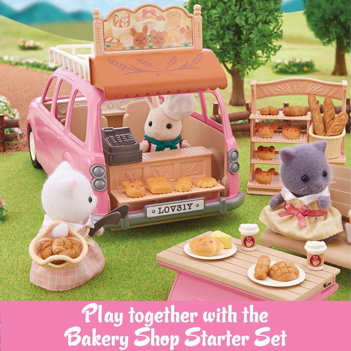 Calico Critters pink vehicle pairs with Cozy Cottage sets for storytelling.