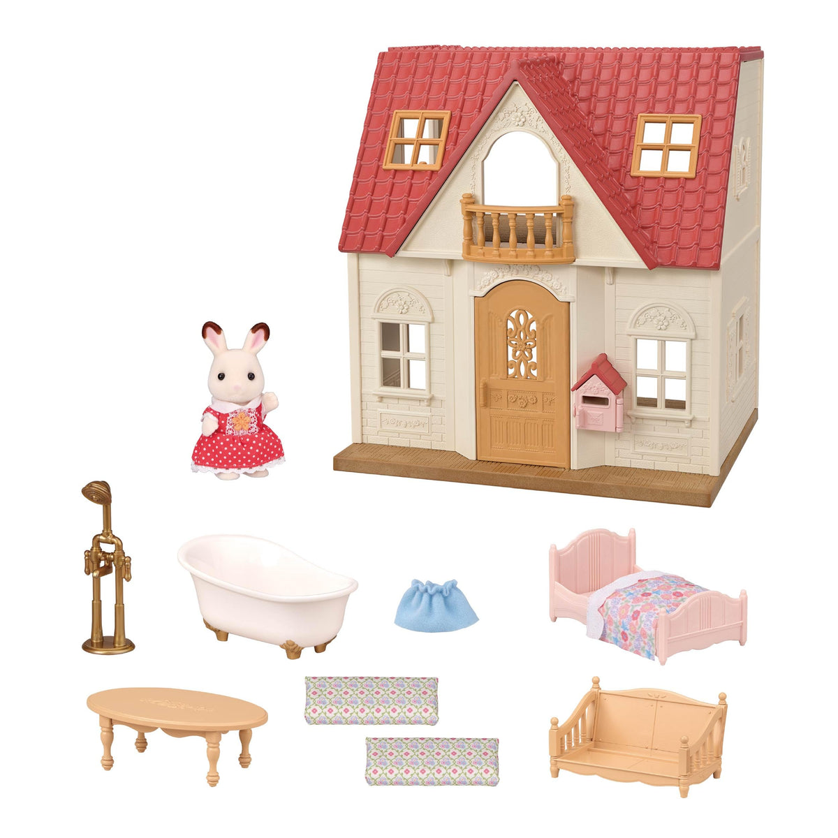 Calico Critters Red Roof Cozy Cottage embellished curtains and mailbox invite letters.