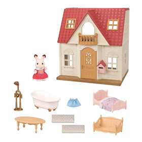 Calico Critters Red Roof Cozy Cottage embellished curtains and mailbox invite letters.