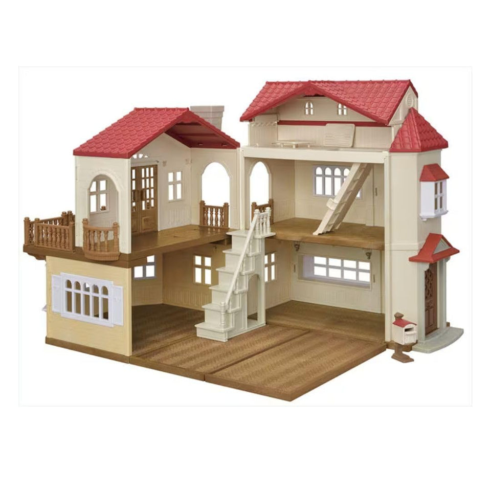 Calico Critters Red Roof Home Secret Attic lights illuminate cozy play moments.