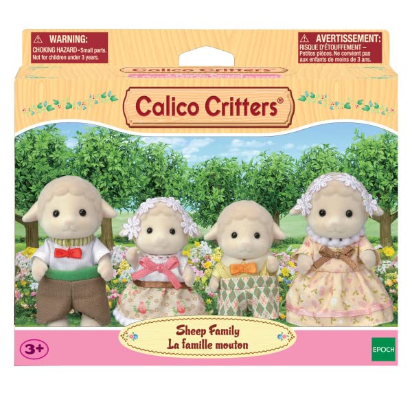 Calico Critters Sheep Family 3-inch adults and 2.25-inch kids, great for cooperative play.