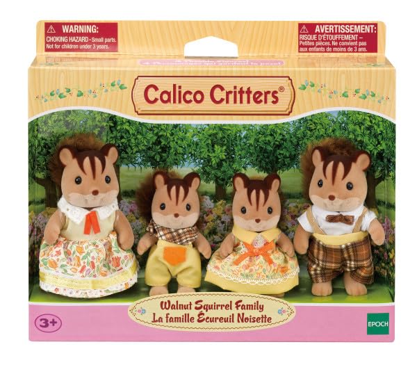 Calico Critters Squirrel Family figures in coordinated outfits to spark storytelling.