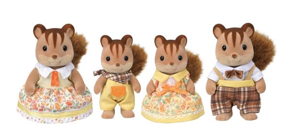 Calico Critters Squirrel Family set of four figures with removable clothing for imaginative play.