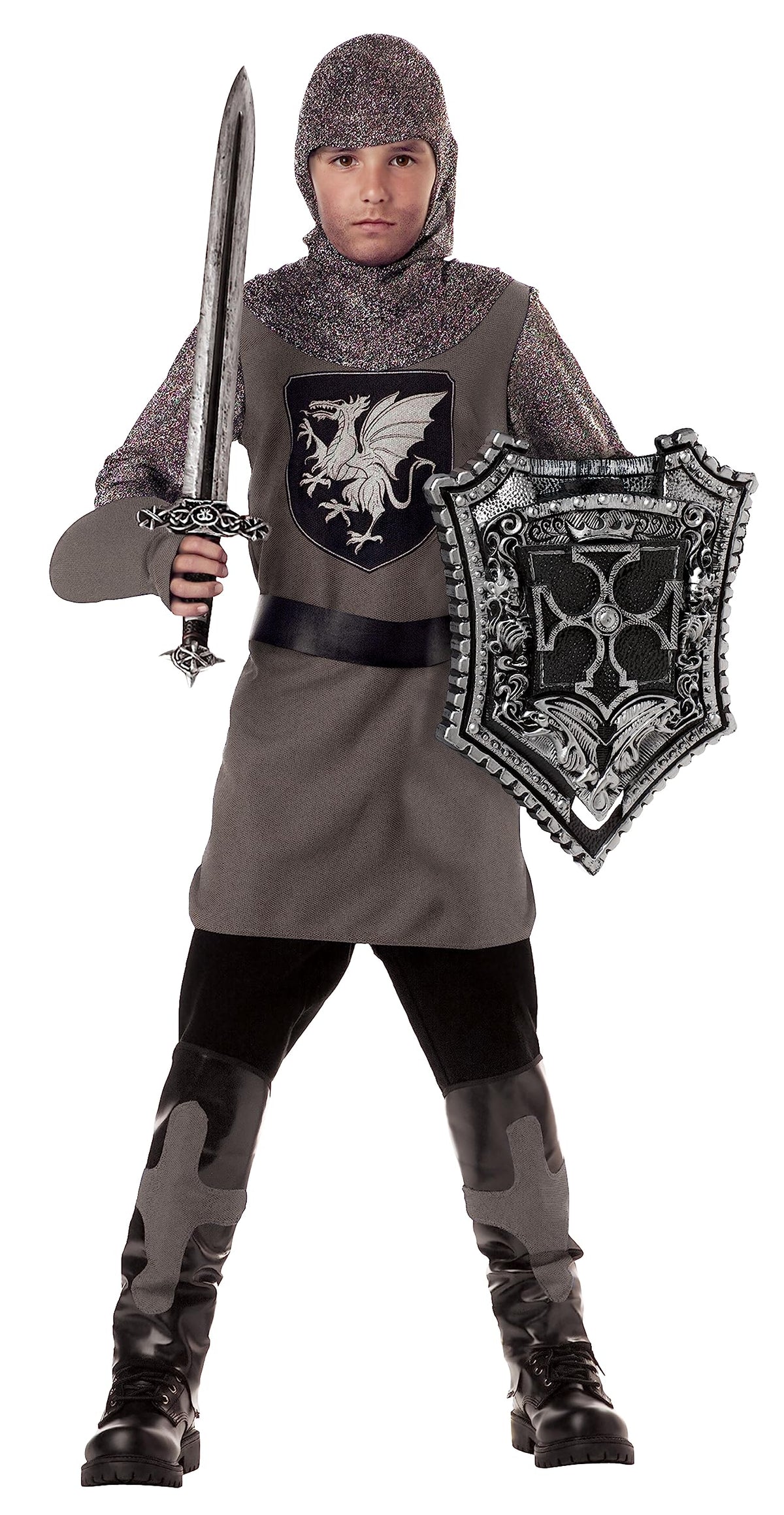 California Costumes Valiant Knight costume, gray tunic with hood for heroic roleplay