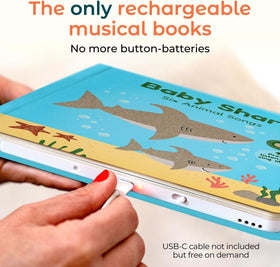 Cali's Books Baby Shark Music Book page with button encourages interactive learning.