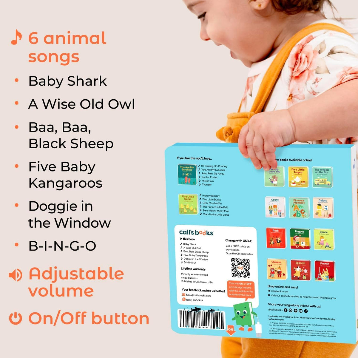Cali's Books Baby Shark Music Book rechargeable battery for long-lasting play sessions.