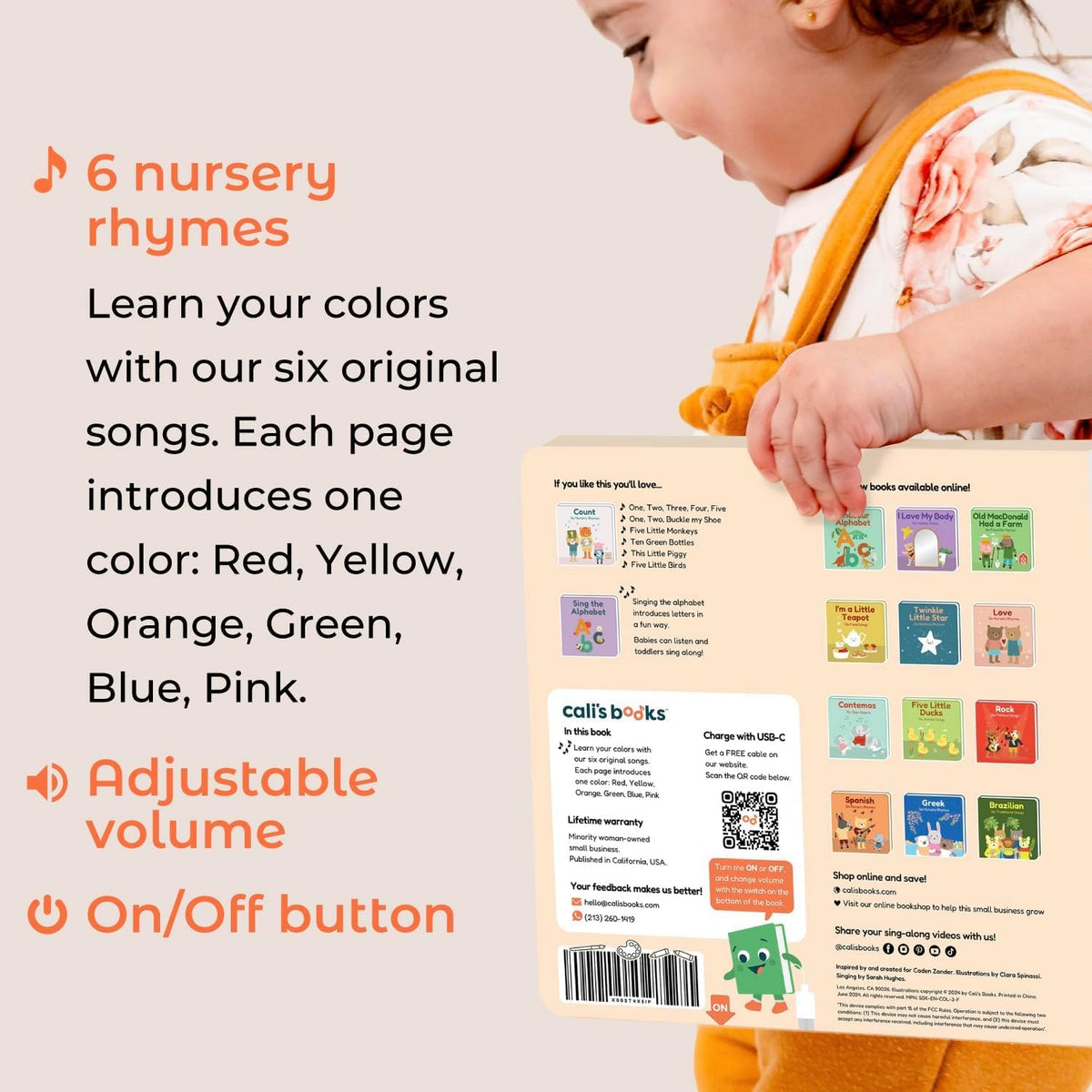 Cali's Books Colors Book for Toddlers 1-3 USB-C rechargeable design enables ongoing music play.