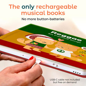 Cali's Books Reggae musical book pages close-up showing interactive buttons to boost fine motor skills.