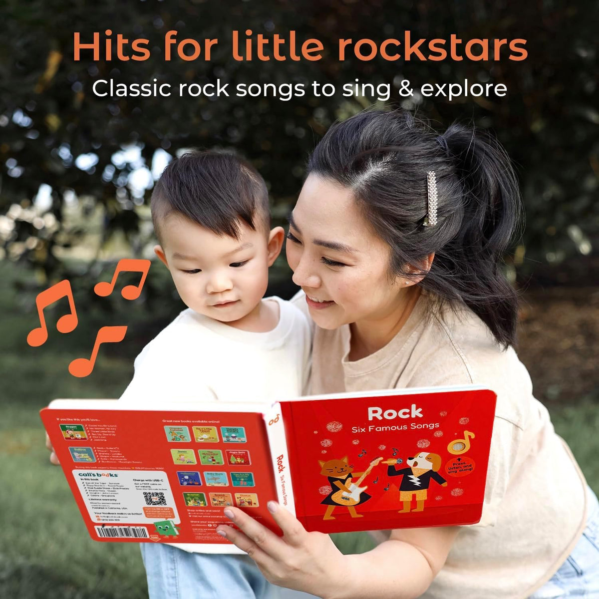 Cali's Books Rock Music Book sound button close-up enabling cause-and-effect play.