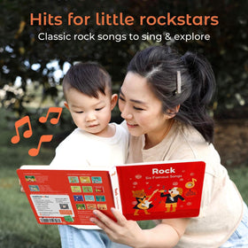 Cali's Books Rock Music Book sound button close-up enabling cause-and-effect play.