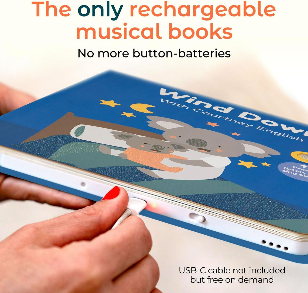 Cali's Books Wind Down buttons close-up highlighting interactive sounds for soothing bedtime cues.