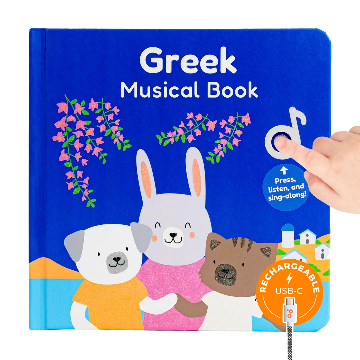 Cali's Books Greek Nursery Rhymes page featuring interactive buttons for language play